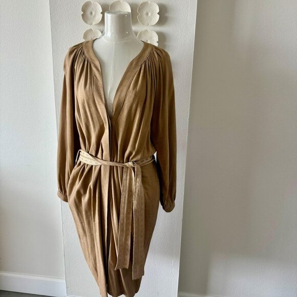 A.G.G.E.L. Greece Designer Linen-Blend Belted Dress – Camel, Size Large - Picture 6 of 8